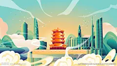 AI矢量手绘武汉黄鹤楼插画