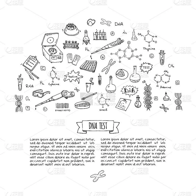 手绘涂鸦DNA测试图标集。矢量插图。医学实验室符号收集。卡通纳米技术、医学、基因组元素:研究工具、物素材-花瓣网
