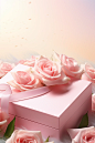 Pink roses and box for the gift, in the style of realistic and hyper-detailed renderings, soft and dreamy atmosphere, editorial illustrations, multilayered, uhd image, soft pastel skies, digitally enhanced