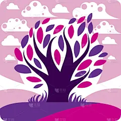 艺术矢量图形插图程式化的树和和平的梦幻般的风景与云和日落，仙女般的乡村景色。美丽的大自然。