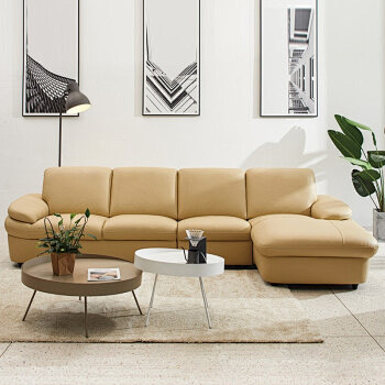 新品曲美家居沙发轻北欧现代客厅家具大小户型转角组合真皮沙发米色