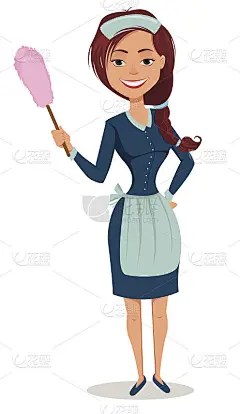 可爱的微笑的女孩穿着经典的法国女仆衣服，拿着灰尘刷。快乐的卡通人物。清洁服务广告。矢量插图。