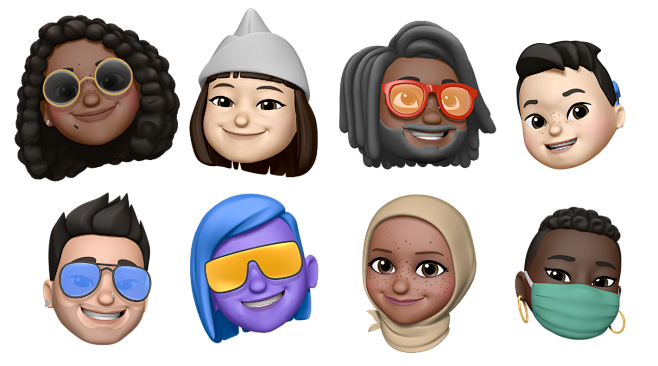 Eight Memoji images in two rows of four Each face depicts a unique