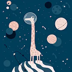 免费矢量|可爱的长颈鹿在太空中。火箭，行星，恒星，月份，星座，银河系。儿童插画