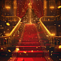 The red carpet and golden staircase lead to the stage, and gold coins fall from above. The windows have golden decorations and dramatic lighting, and the stairs are decorated with golden railings. The curtains hang down, and the stage is bathed in dramati