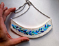 Embroidered jewelry blue necklace laurel leaf design with silver ball chain Spring fashion