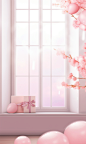 a pink desktop with pink flowers and balloons, in the style of soft renderings, cherry blossoms, windows vista, matte photo, decorative backgrounds, light white and light bronze, unique framing and composition