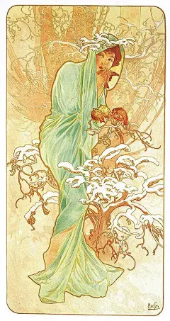 春夏秋冬四季图系列，捷克画家穆夏的手绘插画好美太刺激！