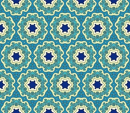 Seamless Pattern With Abstract Flowers And Stars In Blue And Green 免版税 ...