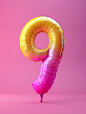 3D realistic number 9 balloon. Holiday illustrations render balloons on a clean background, with studio lighting, in a high-resolution photo, Yellow to magenta gradient with pink background, macaron color scheme, dreamy colors, with crazy details, fine de