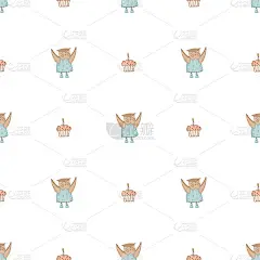 手绘可爱的动物。无缝模式。蛋糕和蜡烛。一只穿着蓝色圆点裙子和靴子的猫头鹰。白色背景。向量。