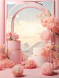 in this pink background are two boxes with flowers, in the style of daz3d, qian xuan, clamp, dreamlike scenery, rounded, white background, multi-layered collage-like