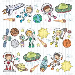 太空幼儿园，学校天文课儿童，涂鸦儿童插画Ufo，外星人，月球表面，地球，木星，土星，火星矢量图标