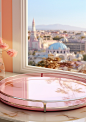 a table with a pink tray, on top of it's pink rim, in the style of dreamy, romanticized cityscapes, tomàs barceló, windows vista, curved mirrors, kawaii charm, iconic imagery, luxurious wall hangings