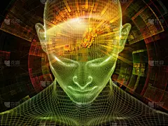 虚拟现实。清醒的头脑系列。基于人工智能、人类意识和精神人工智能的发光金属丝网人脸三维绘制的组成