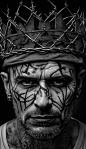 man with a barbed wire crown, tattoo’s, real life details,