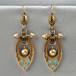 Antique 14kt Gold and Enamel Earpendants, each with blue and white enamel flowers and black enamel accents, lg. 2 3/8 in. Victorian or Victorian style.