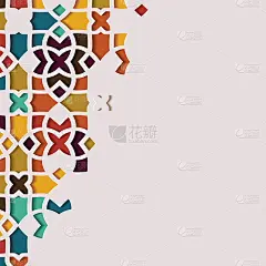 伊斯兰阿拉伯式设计贺卡斋月卡里姆。阿拉伯文的马赛克细部装饰色彩艳丽。矢量插图。