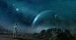 General 5000x2676 digital art fantasy art planet futuristic stars rock satellite astronaut spacesuit