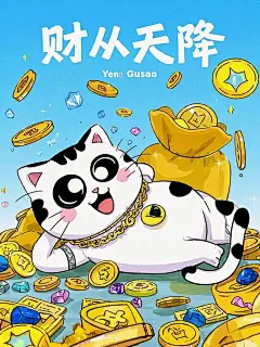 艺术家Yeoniu Choi风格，彩色简笔画，卡通，粗线条勾勒，:左边一个超级可爱的拟人黑眼圈小花猫，肥嘟嘟，穿着时尚大衣，带着粗金链子，暴发户的感觉、眯眯眼，地上散落着一堆钱和金银珠宝，得意的大笑，天上落下宝石和钱币，干净的背景，上面一行文字用宋体写着“财从天降”