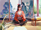 一般 1920x1378 Yel li 数字绘画 ArtStation 女性 日本艺术 坐在室内 女性在室内 赤脚 黑发 亚洲人看着观众