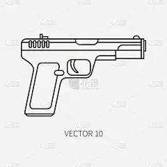 线平矢量军用图标手枪、手枪。陆军装备和武器装备。复古传奇武器。卡通风格。攻击。士兵。战争。插图和元素