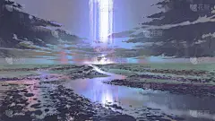 夜色中的水路与乌云和瀑布在天空中, 数字艺术风格, 插画绘画