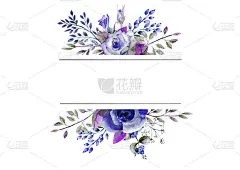 用玫瑰，树叶，浆果，装饰的小树枝做框架。婚礼概念与鲜花。为贺卡或请柬用蓝色调的水彩构图