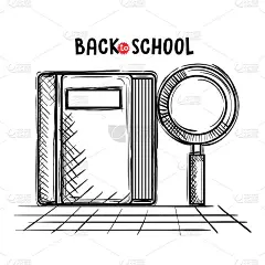 放大镜和书，学校用品绘图