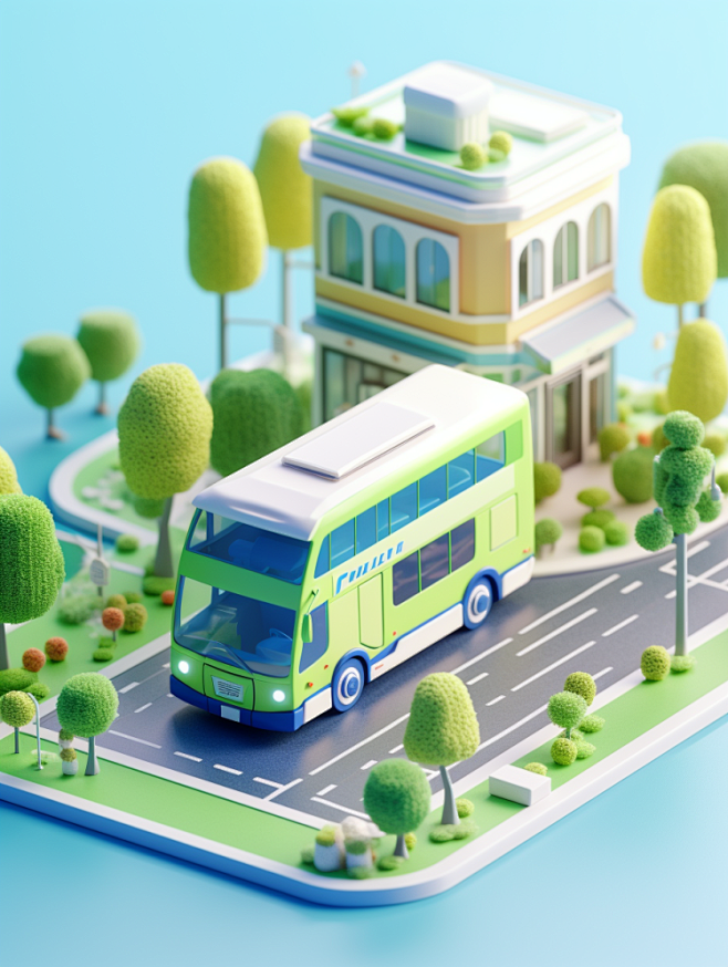 3D等距设计，城市道路上的蓝色公交车