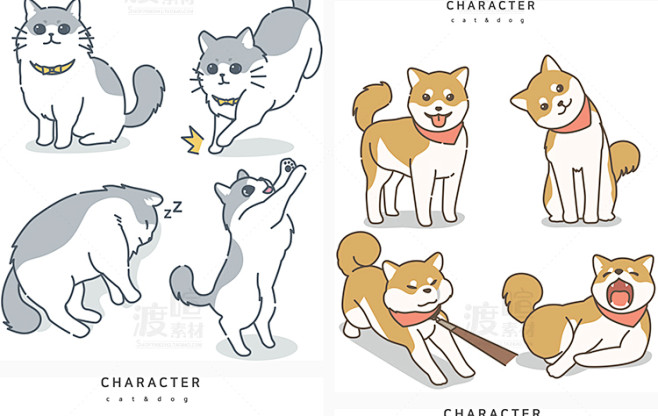卡通可爱手绘动物宠物小狗猫咪形象插画设计...