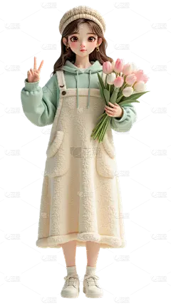 人物系列3D风清新连衣裙可爱女生捧花全身元素