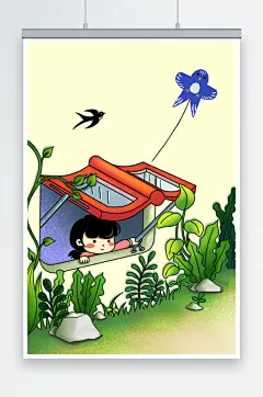 卡通女孩清明放风筝人物插画