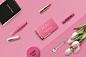 流行色彩美妆单品粉红桌面餐饮美食海报