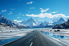 【AI数字艺术】冬季雪山湖边公路路面图片下载