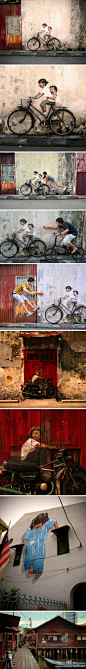 【马来西亚的街头互动绘画】艺术家 Ernest Zacharevic 作品。充满童趣的街头艺术。Zacharevic 因地制宜。摆放在街边的老式自行车、停在门前的旧摩托都成为了他的灵感来源和绝妙的创作素材，配合上生动有趣的创意彩绘，最终所呈现的完美互动效果真叫人拍案叫绝！