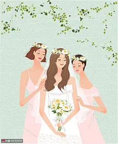 闺蜜捧花 淡绿色 婚纱 水彩 手绘 婚礼主题插画AI人物插画素材下载-优图网-UPPSD
