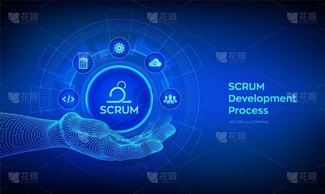 机器人手中的SCRUM图标。敏捷开发方法论过程。迭代方法冲刺。编程和应用设计技术概念。矢量插图。素材-花瓣网