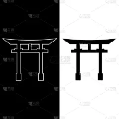 鸟居的迹象。日本传统的门。日本神道教的象征。线的艺术。孤立的图标在黑色，白色的背景。网站、海报、名片