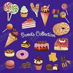 零食插画 【酷图网】零食,小吃,甜甜圈,蛋糕,马卡龙,巧克力,下午茶,插画,矢量,棒棒糖,糖,汉堡,冰激凌