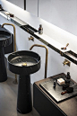 | bathroom | Pedestal sinks with brushed brass faucets. #brushedbrass #bathroom: | bathroom | Pedestal sinks with brushed brass faucets. #brushedbrass #bathroom