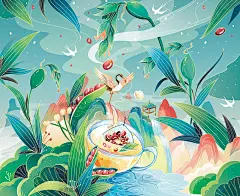一组小清新绿色色系花茶包装插画插画设计_LCX浪成仙设计作品--致设计