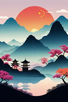 唯美国潮风扁平山水意境插画