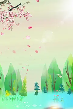 清新手绘风森林湖泊自然风景海报背景