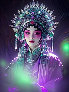 插画 机械零件与人像摄影融合 概念设计作品 川剧机械姬 服装和头饰融入了炫彩镭射等未来材质 艺术彩妆 头冠由机械零件组合而成 戏曲文化与现代机械科技融合 完美光影 柔焦  (2)