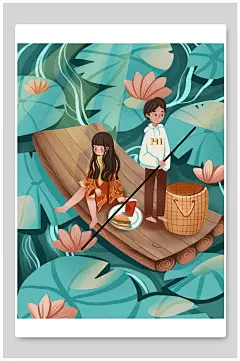 男女荷花创意大气情侣浪漫爱情插画-众图网