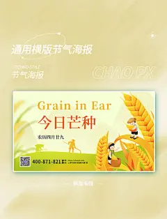 浅黄色芒种麦子人物插画风横版海报