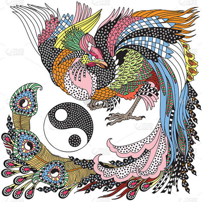 凤皇神话中的鸟和阴阳的象征。插图