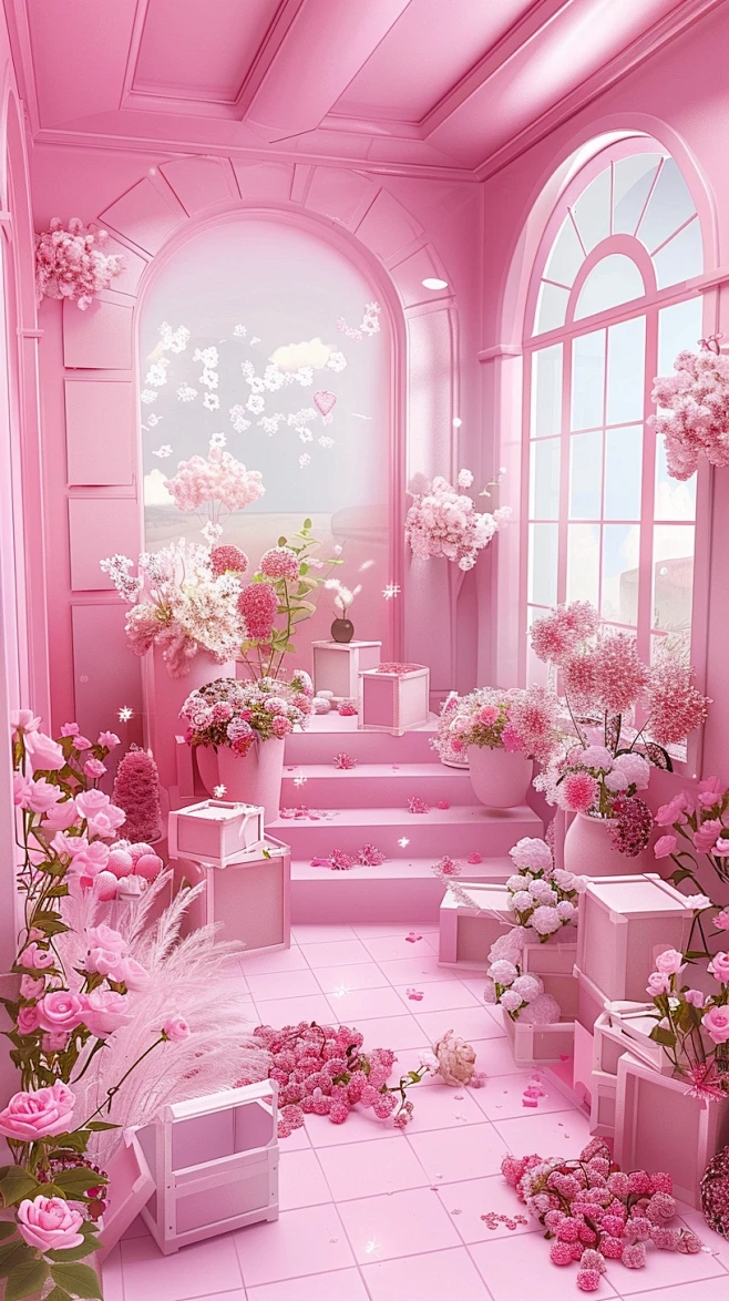 a pink room with a l...