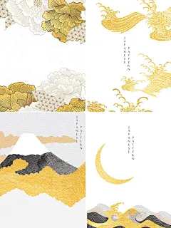 日式纹理插画海浪牡丹竹子AI模板素材